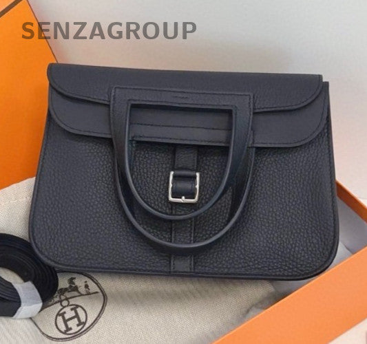 Hermes Halzan25 TC Leather Top Handle Shoulder Bag Black Silver Women Classic