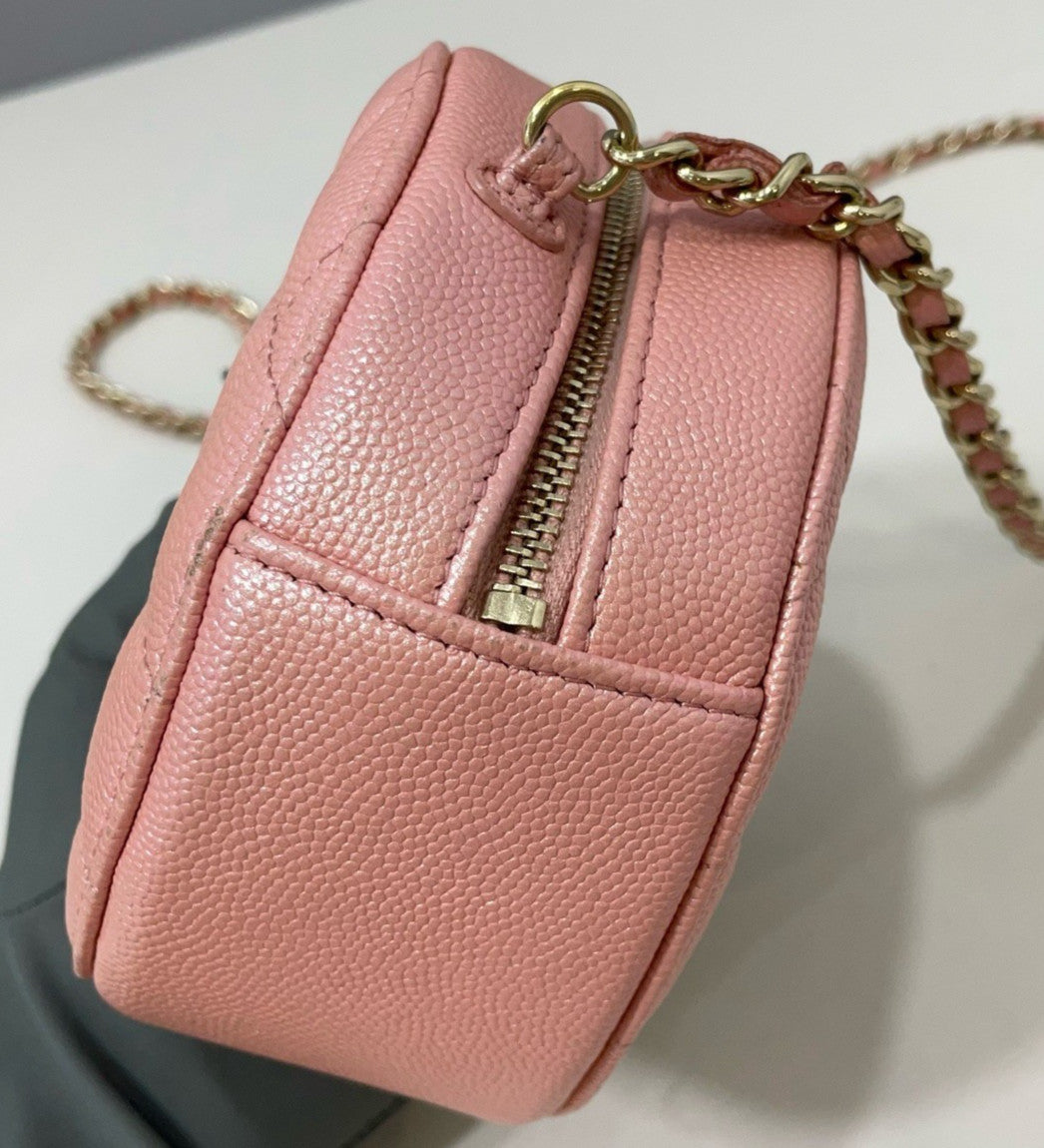 Chanel Diamond Lambskin Round Bag Chain Crossbody Pink Gold Women Classic