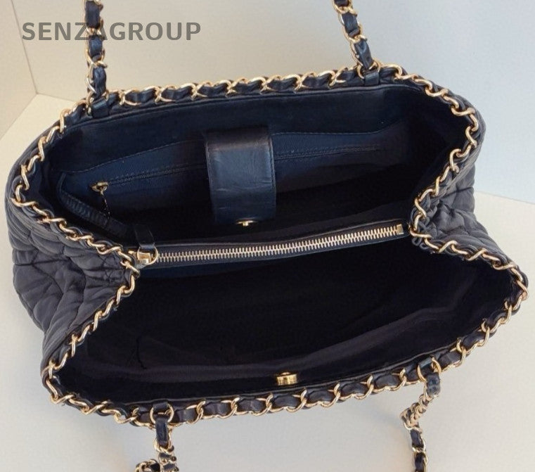 Chanel Diamond Chain Tote Shoulder Bag Black Gold Used Women Classic