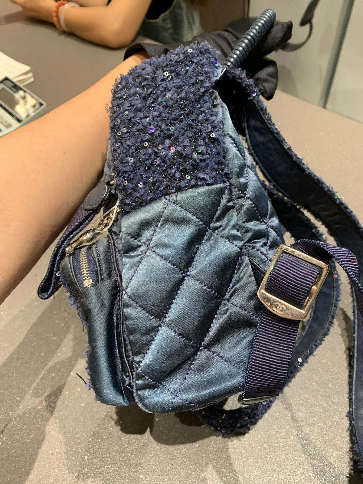 Chanel Classic Black Silver Sequin Tweed Backpack Quilted Pattern