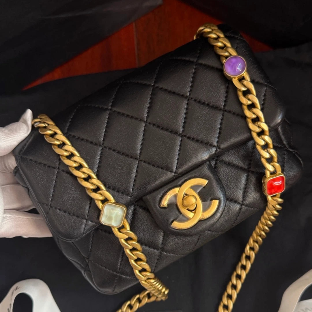 Chanel Classic Flap Colored Jewel Chain Shoulder Crossbody Black Fashion Women