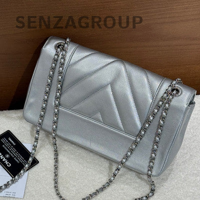 Chanel V-Quilted Chain Shoulder Crossbody Bag Silver Classic Women