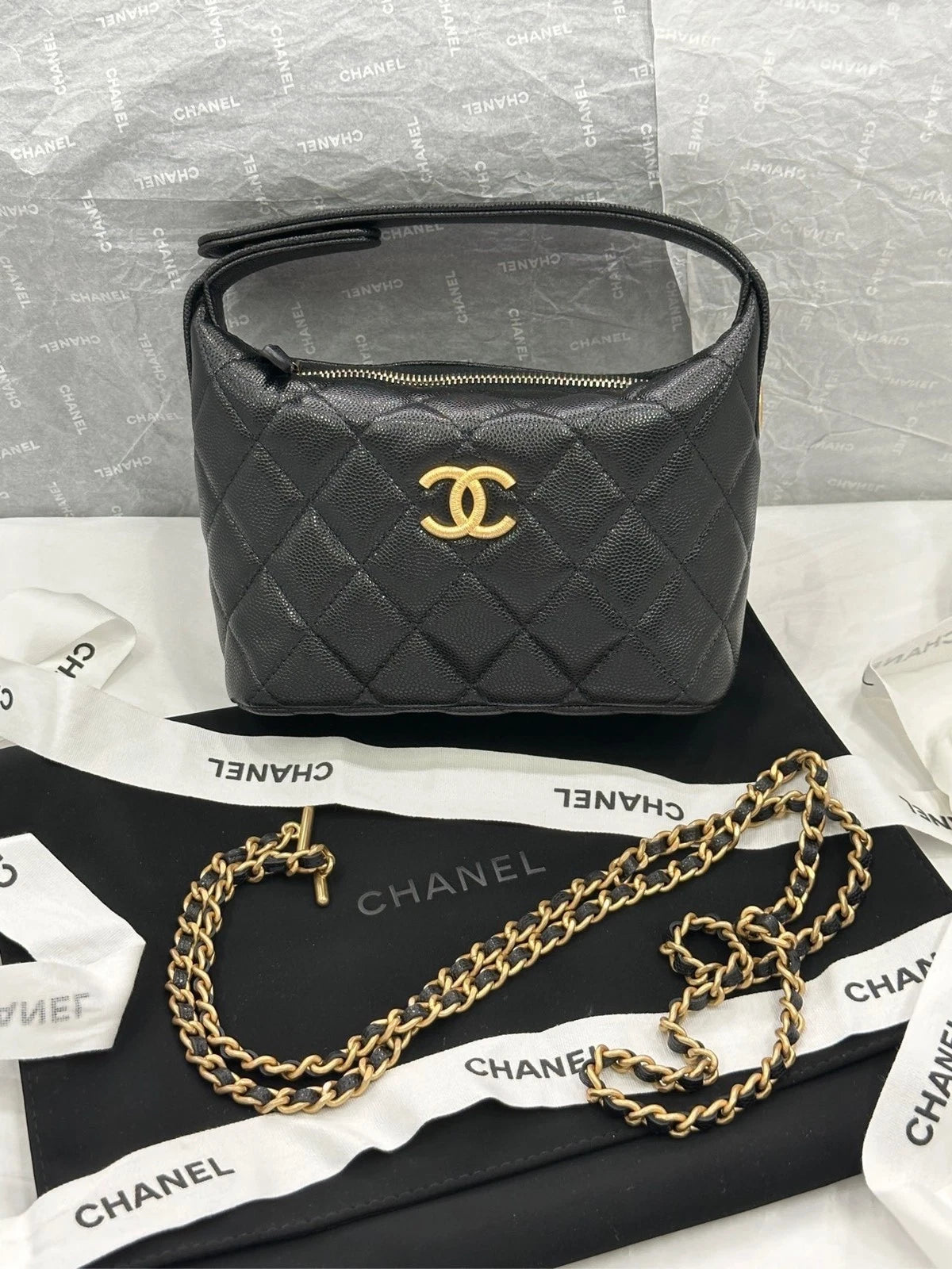Chanel Vanity Black Gold Crossbody Handbag Excellent