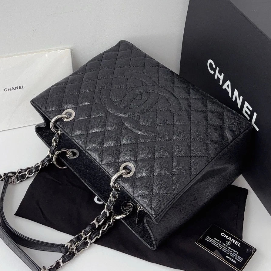 Excellent Chanel GST Calfskin Black Tote Chain Handbag Shoulder Bag CC Logo SHW