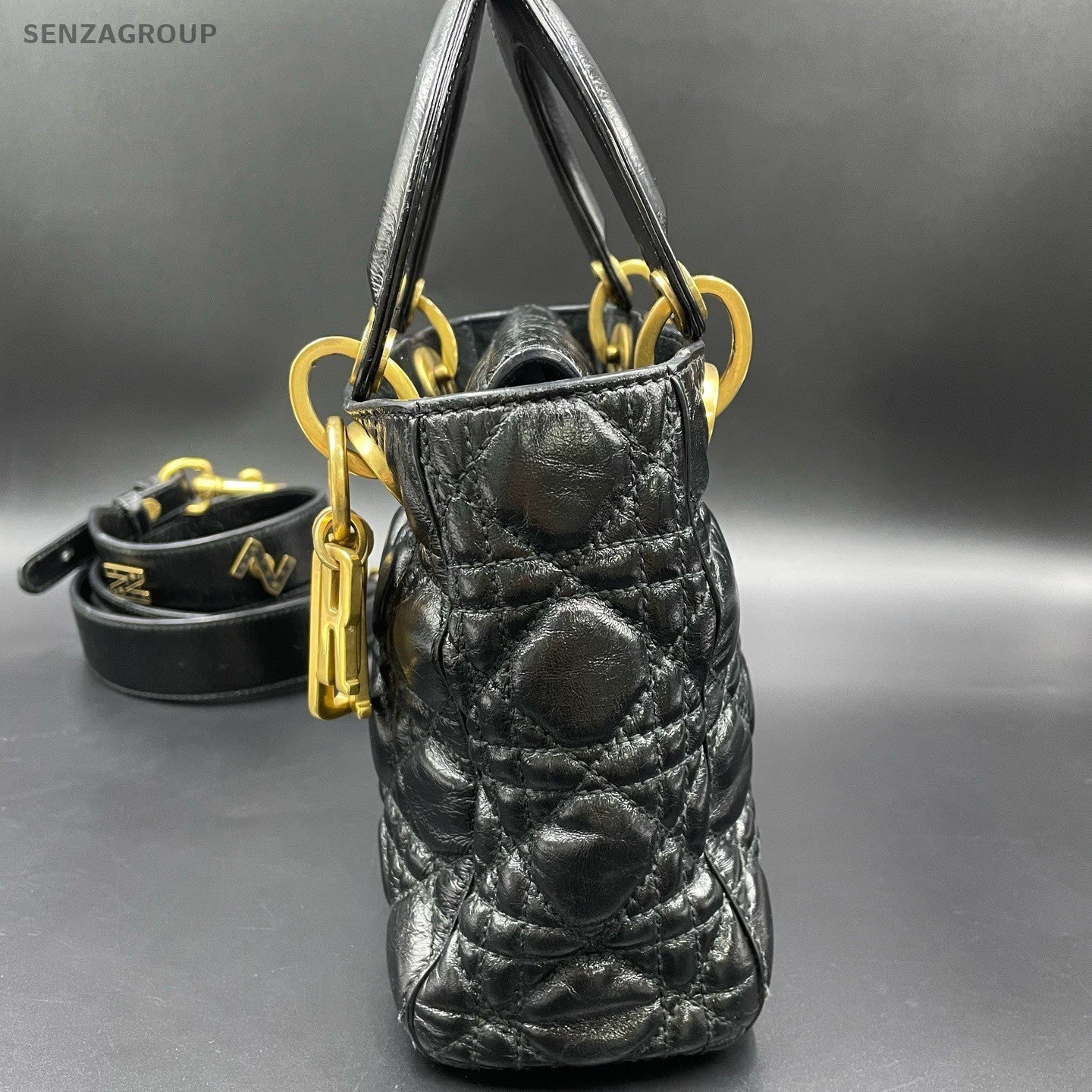 Christian Dior Lady Dior Cannage Top Handle Bag Crossbody Black Gold Women