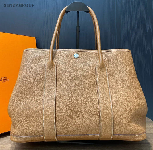 Hermes Garden Party36 Top Handle Bag Brown Silver Women Classic Fashion