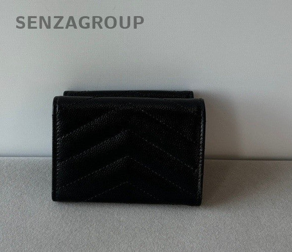 YSL Saint Laurent Caviar Leather Tri-fold Envelope Wallet Clutch Women Black