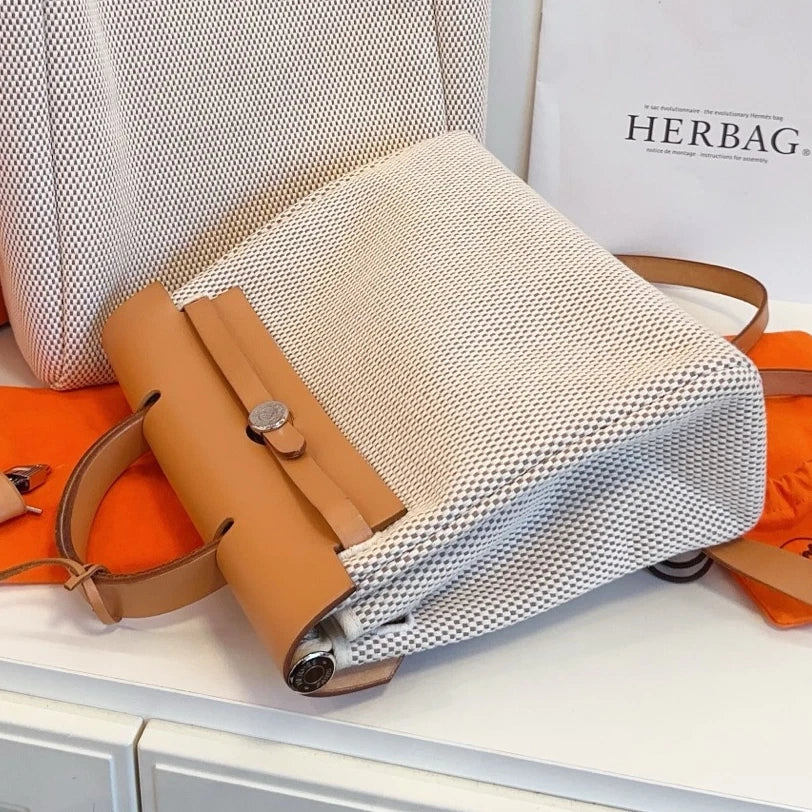 Hermes Herbag31 Backpack Canvas Ivory Brown Silver Hardware Women Classic
