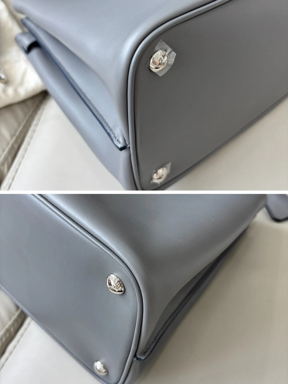 Prada Double Bag Calfskin Top Handle Shoulder Bag Gray Silver Women Classic