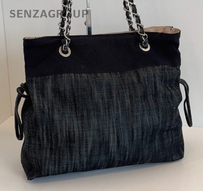 Chanel Denim Tote Chain Shoulder Bag Black Silver Used Women Classic