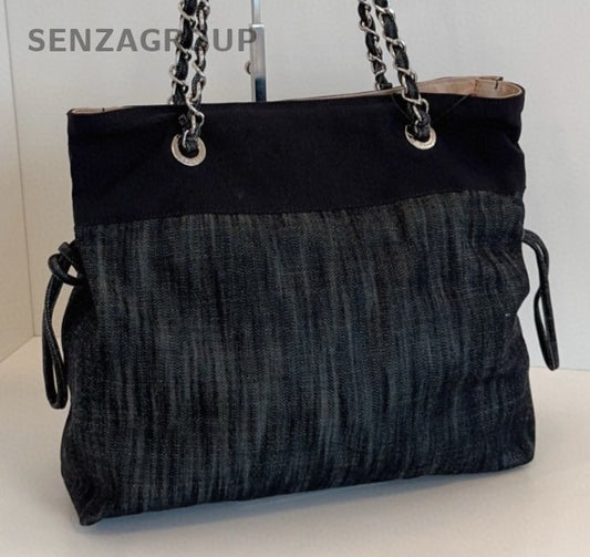 Chanel Denim Tote Chain Shoulder Bag Black Silver Used Women Classic