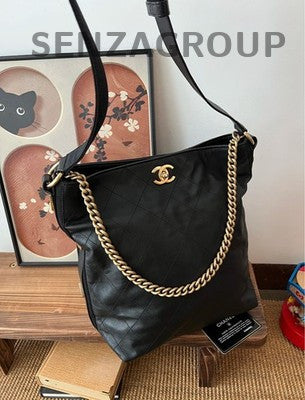 Chanel Black Gold Bucket Tote Bag Chain Shoulder Crossbody Quilted Women