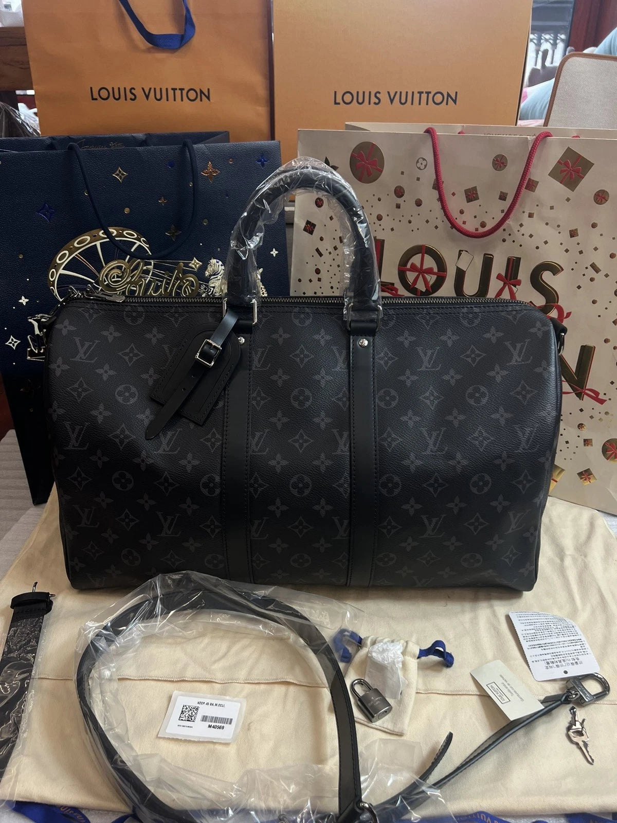 Excellent Louis Vuitton Keepall45 Black Monogram Canvas Handbag Shoulder Bag SHW