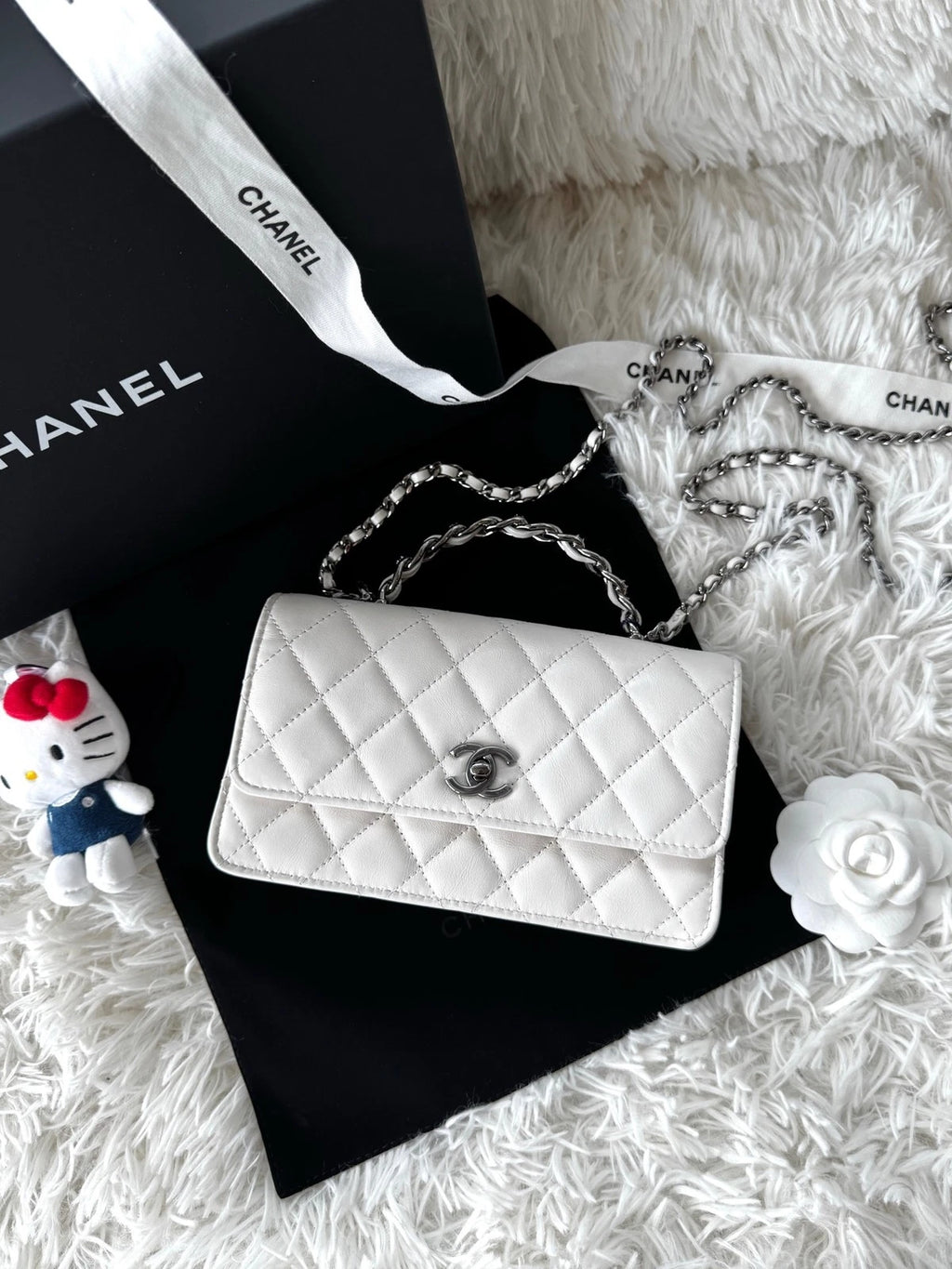 Chanel White Wrinkle Leather WOC Accordion Top Handle Bag For Women