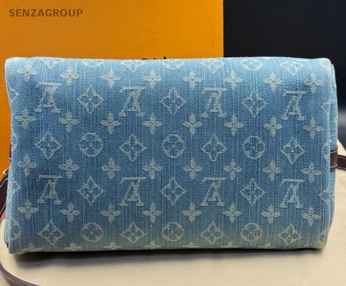 Louis Vuitton Speedy Denim Monogram Top Handle Bag Crossbody Blue Women Vintage