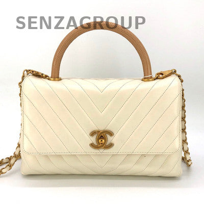 Chanel White Gold V-Pattern Calfskin Handbag Chain Strap Classic Fashion