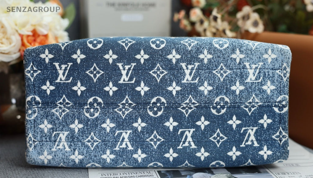 Louis Vuitton Onthego MM Denim Canvas Top Handle Shoulder Bag Women Blue