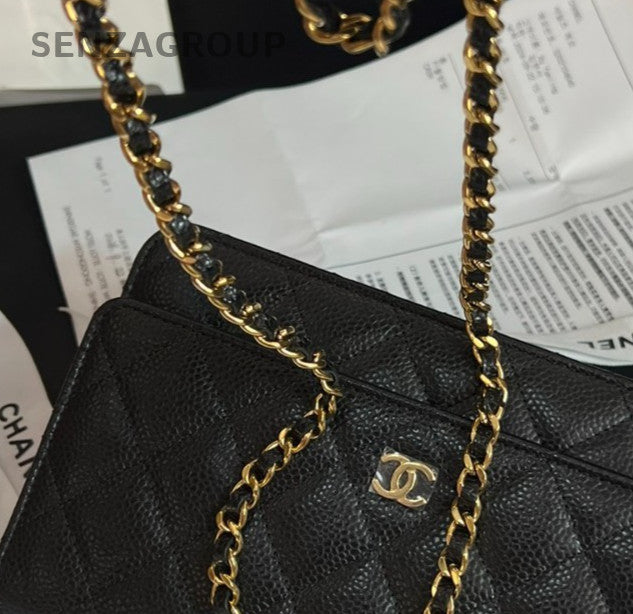 Chanel WOC Chain Calfskin Crossbody Shoulder Bag Black Gold Women Classic