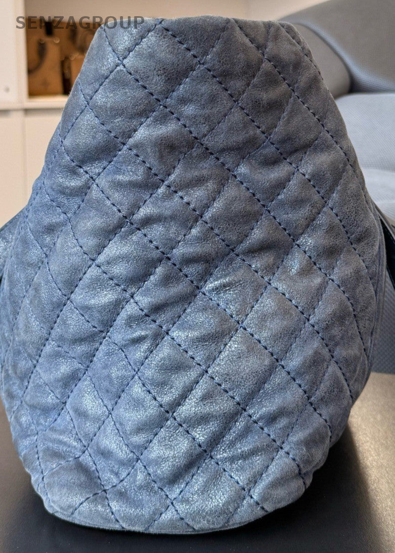 Chanel Leboy Tote Shoulder Bag Blue Silver Diamond Women Classic Designer