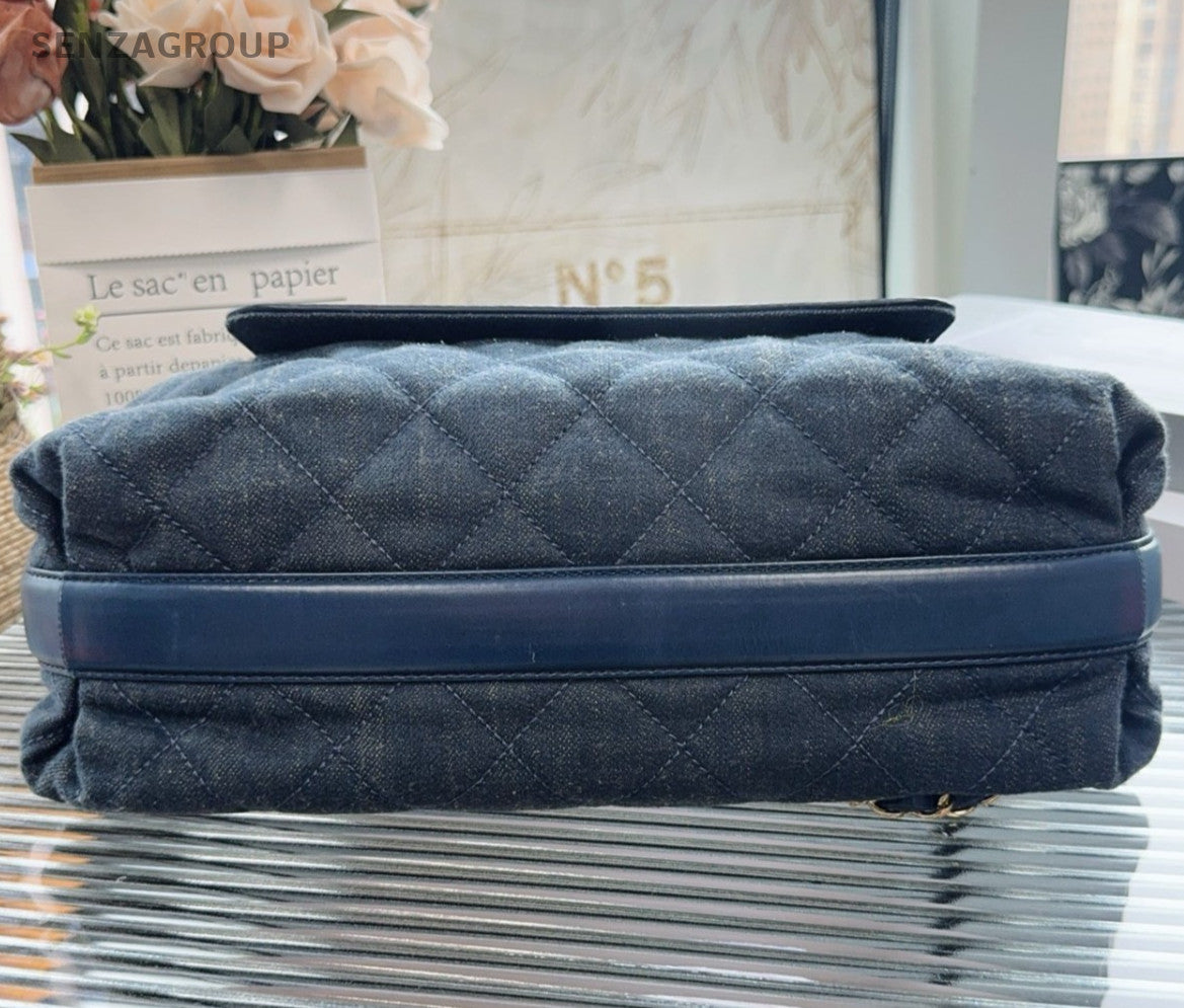 Chanel Denim Tote Handbag Chain Shoulder Bag Blue Gold Women Classic
