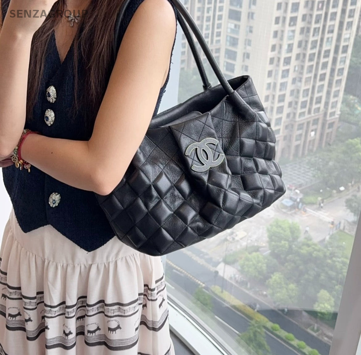 CHANEL Puffer CC Logo Top Handle Handbag Black Silver Women Shoulde bag