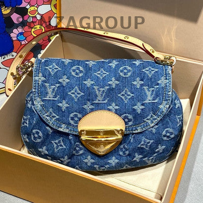 Louis Vuitton Denim Pochette Hobo Bag Blue Gold Print Women's Classic