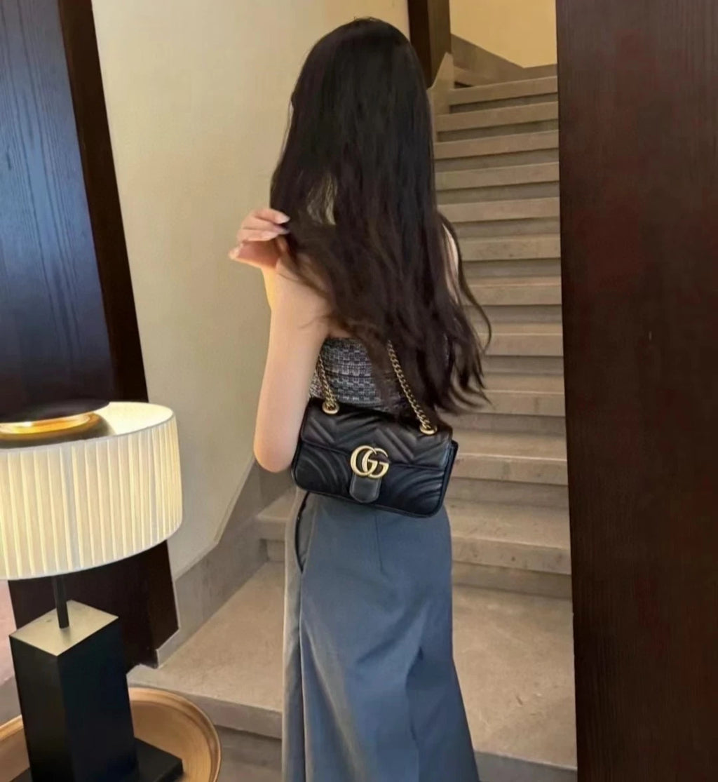 Gucci Marmont22 Black Gold Leather Shoulder Crossbody Bag For Women