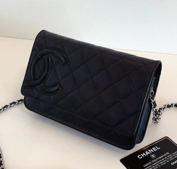 Chanel Cambon WOC Calfskin Chain Shoulder Bag Crossbody Black Silver Women
