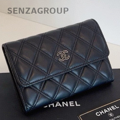 Chanel Diamond Wallet Black Silver Used Women Classic