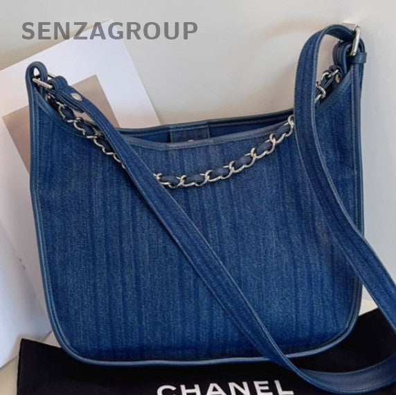 Chanel Hobo 2Way Shoulder Bag Crossbody Blue Silver Used Women Classic