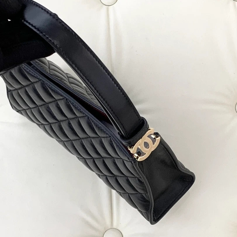 Chanel Hobo Lambskin Top Handle Shoulder Bag Black Gold Hardware Women S