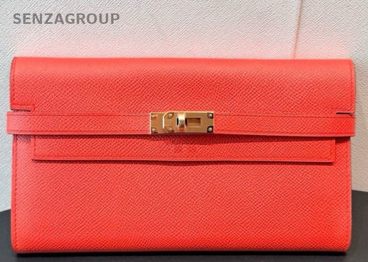 Hermes Kelly long Epsom Leather Wallet Kelly Togo Orange Gold Women Designer