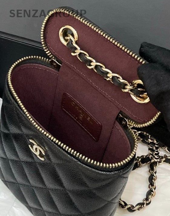 Chanel Calfskin Mini Chain Shoulder Bag Crossbody Diamond Black Gold Women