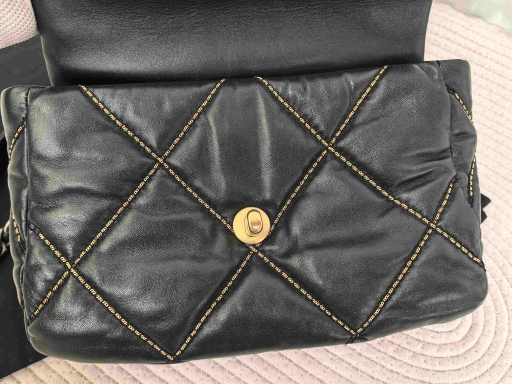 Chanel 19 Bag Crossbody Bag Lambskin Black Gold Diamond Women Classic