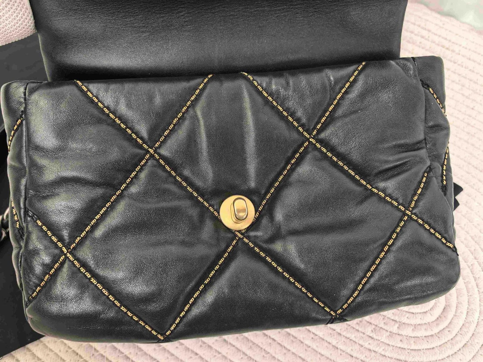 Chanel 19 Bag Crossbody Bag Lambskin Black Gold Diamond Women Classic