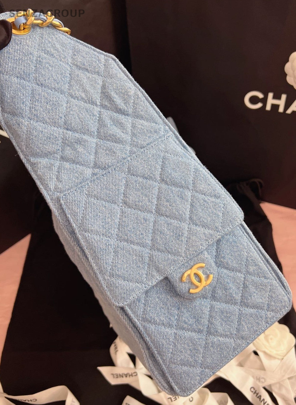 Chanel 25 MM Hobo Chain Shoulder bag Blue Gold Used Women Classic Diamond
