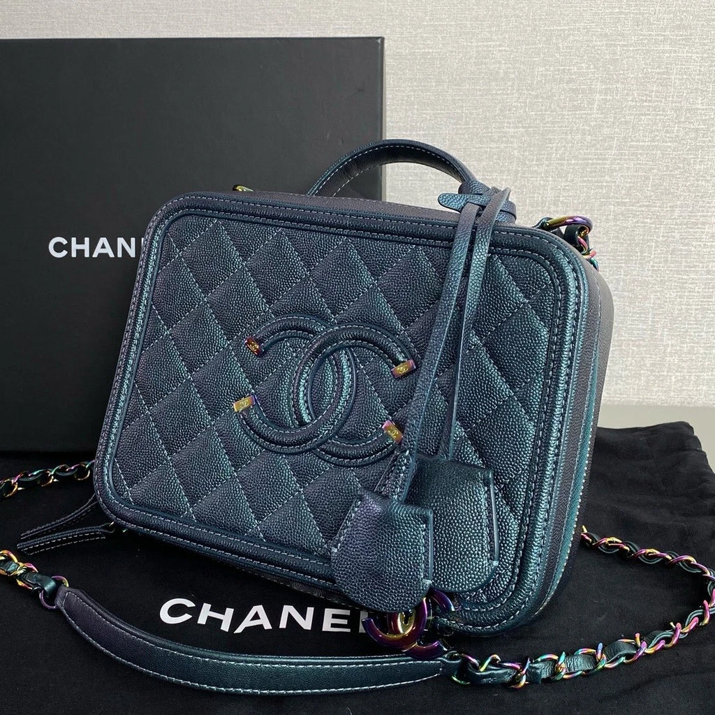 Chanel Vanity Case Chain Top Handle Crossbody Blue Iridescent Metallic Women