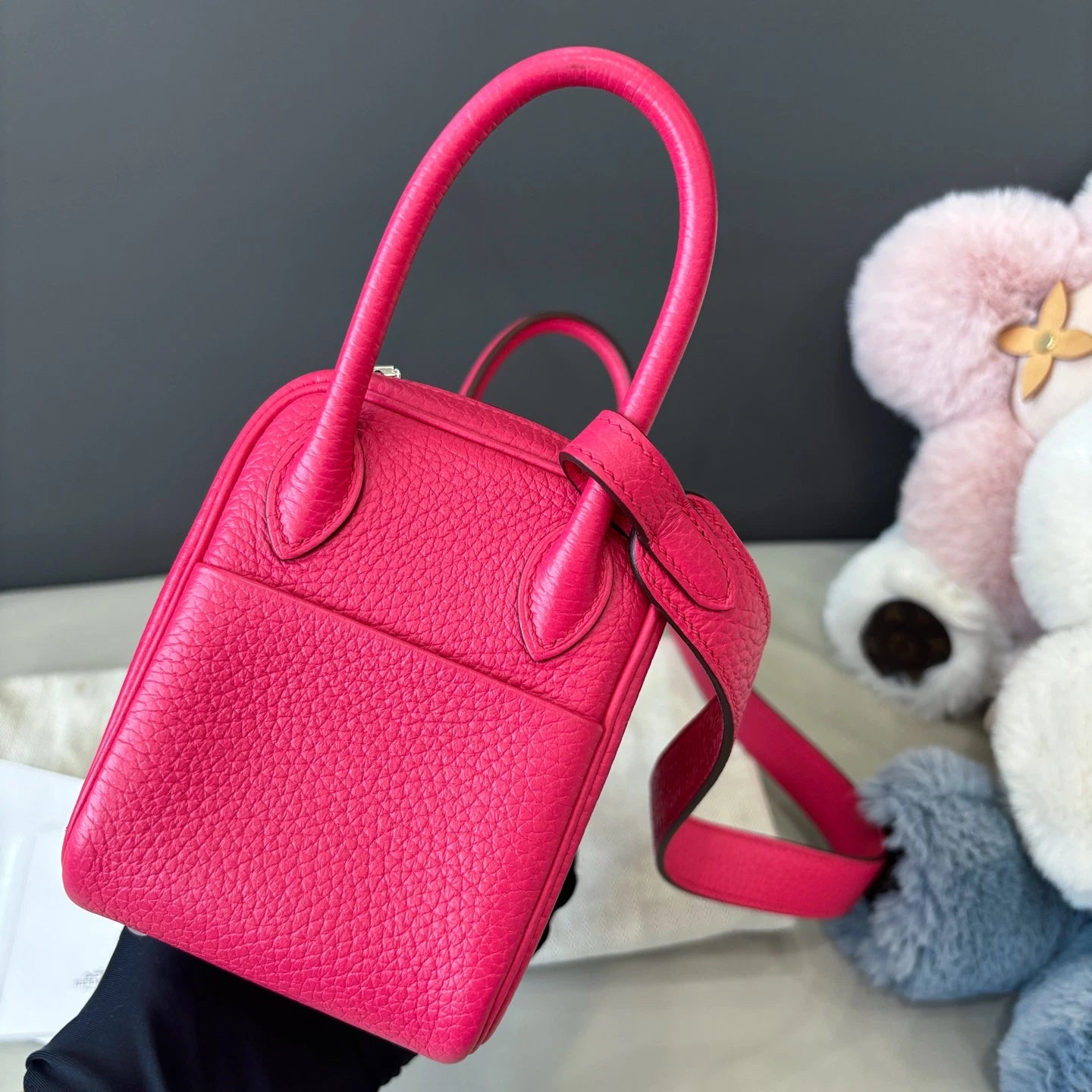 Hermes Lindy Mini TC Leather Top Handle Shoulder Bag Pink Silver Women Classic