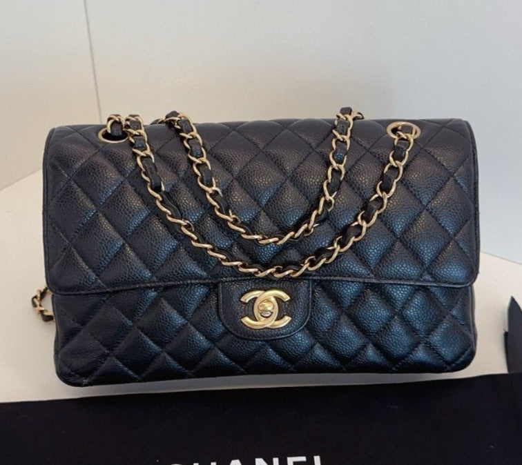 Chanel Classic Flap MM Calfskin Chain Shoulder Bag Crossbody Black Gold Women