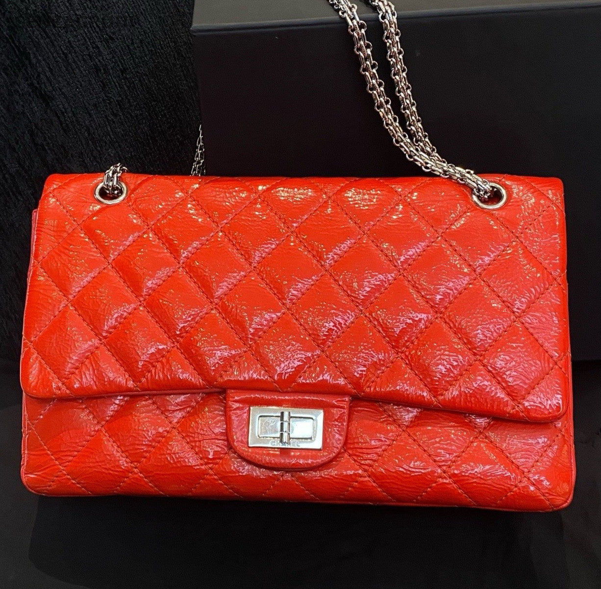 Chanel Diamond GM Calfskin Chain Shoulder Bag Crossbody Red Silver Women Classic