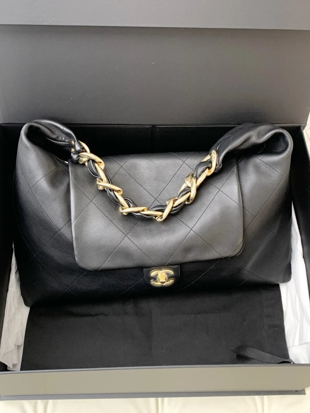 Chanel Hobo GM Chain Calfskin Shoulder Bag Black Gold Hardware Women S