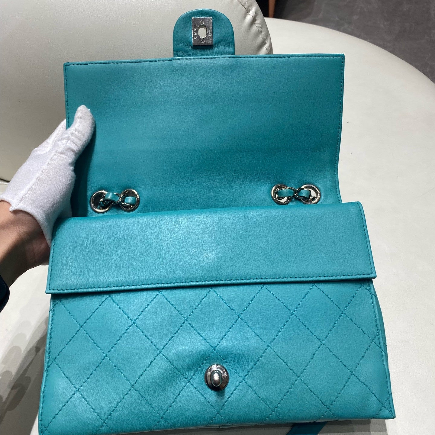 Chanel Classic Flap Quilted Chain Shoulder Bag Blue Silver