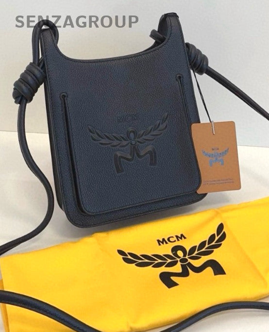 MCM Himmel letter All Leather Hobo Crossbody bag Black Brand NEW