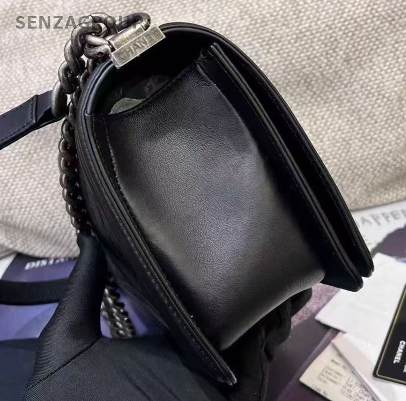 Chanel Leboy MM Calfskin Chain Crossbody Shoulder Bag Women Black Silver Diamond