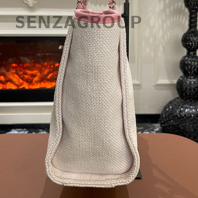 Chanel White & Pink Tote Beach Bag Chain Strap Silver Hardware Classic
