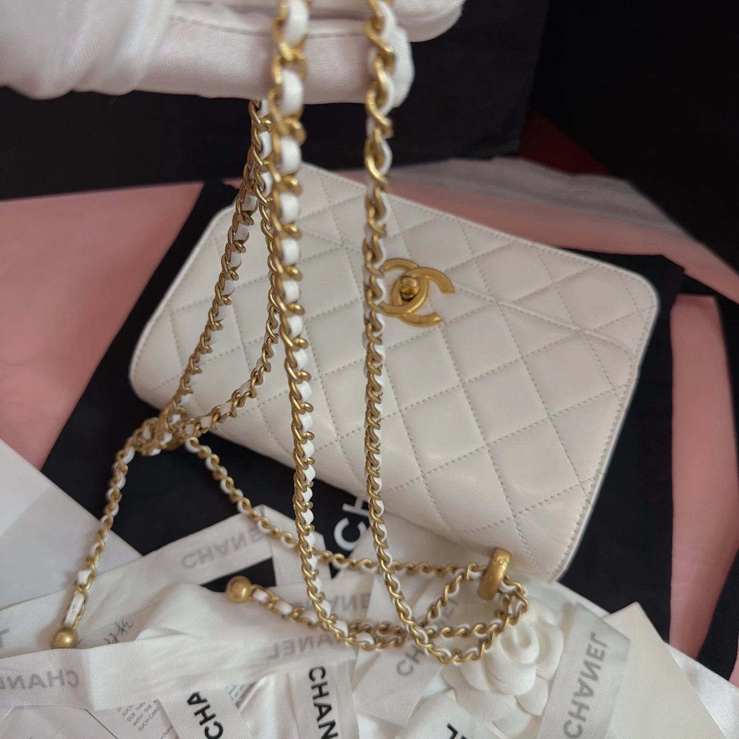 Chanel Diamond Calfskin Chain Shoulder Crossbody White Gold Women Classic