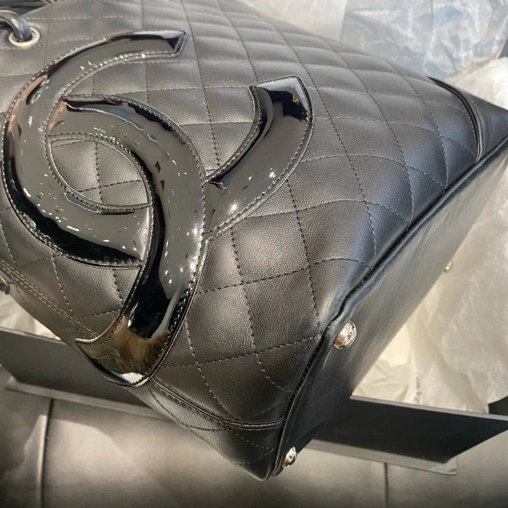 Chanel Cambon So Black Diamond Tote Top Handle Shoulder Bag Silver Women D