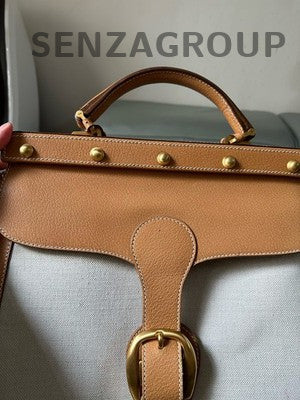Gucci Vintage Canvas Leather Tote Bag Beige Orange Gold Women Fashion