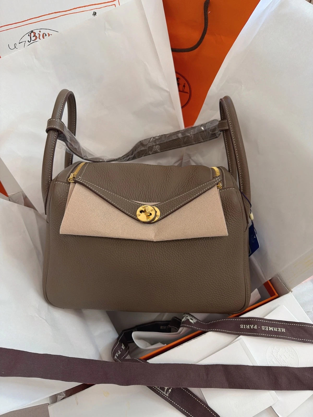 Hermes Lindy30 Top Handle Shoulder Bag Gray Gold Used Women Fashion Classic