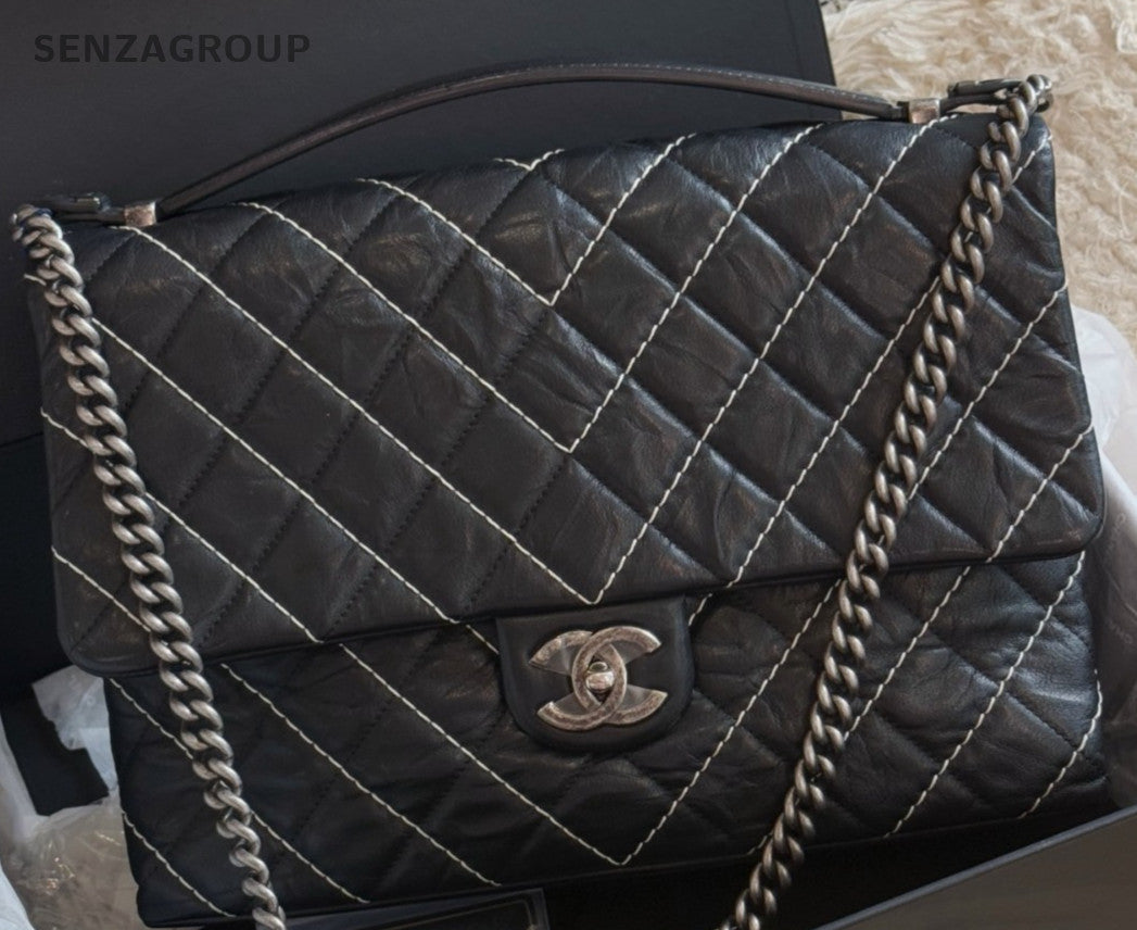Chanel Satchel Handbag Chain Shoulder Bag Black Silver Used Women Classic